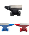 Round Iron Jewelry Anvil Set for Metalworking Tools With Smooth Hammering Surface, three colorful anvils, black, blue, and red, side view