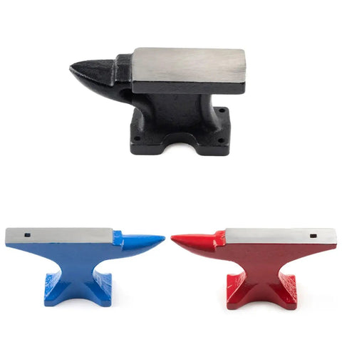 Round Iron Jewelry Anvil Set for Metalworking Tools With Smooth Hammering Surface, three colorful anvils, black, blue, and red, side view