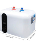 10 Liter Electric Hot Water Heater Delivering Kickin Heat With 1.5 Kilowatts Of Instant Warmth showing a white stainless steel tank with dimensions.