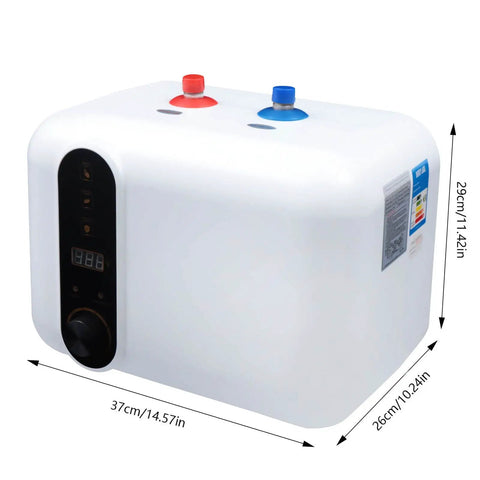 10 Liter Electric Hot Water Heater Delivering Kickin Heat With 1.5 Kilowatts Of Instant Warmth showing a white stainless steel tank with dimensions.
