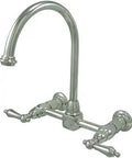 Restoration Style Wall Mount Bridge Kitchen Faucet In Polished Chrome With Solid Brass Construction And Drip Free Ceramic Disc Cartridge