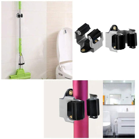 Heavy Duty Wall Mounted Mop Broom Holder Rack Set Of 10 Clips for organizing mops in bathroom, shown with adjustable grip on handle.