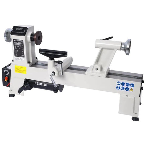 Top Shelf Benchtop Wood Lathe Machine Packing A Beefy 3/4 Horsepower Motor With Sweet 650 To 3800 RPM Adjustments, Generous 12 Inch Swings And Roomy 18 Inch Reach For Serious Woodturners side view showing motor and controls.