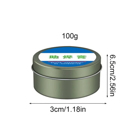 Compact tin of 100G No Clean Flux Paste For Soldering And Electronics Repair Pro Grade Easy To Use Flux Cream With Non Corrosive Formula Leaves Minimal Clear Residue Ideal For PCB LED Phone Computer Chips And Home Workshop Projects with dimensions.