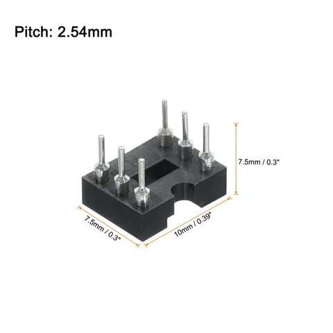 2.54mm Pitch DIP IC Socket Dual Row 6 Pin Round Pins Connector with black thermoplastic body and dimensions displayed.