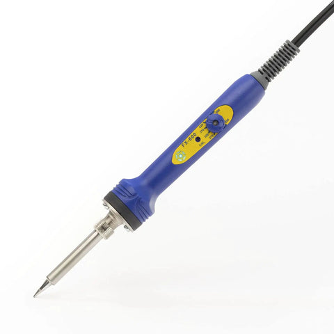 Blue handheld FX600 soldering iron with temperature dial, 200-500C adjustable heat, ergonomic design for ICs, LEDs, PCBs.