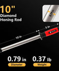 10 Inch Diamond Knife Sharpener Rod For Kitchen And Outdoor Knives Pro Grade For Master Chefs Hunters And Home Gourmets Diamond Steel Sharpening Rod For Stainless And High Carbon Steel, shown with measurements and weight.