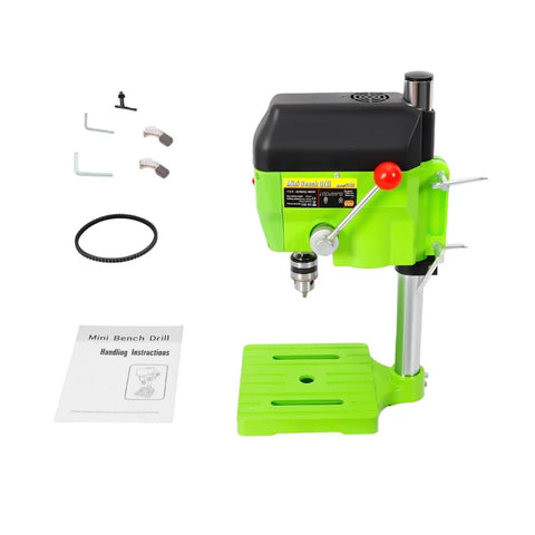 Built Different 480W Mini Bench Drill Press For Wood Metal PCB Tasks With Dual Speed Modes Compact Table Machine Heavy Duty DIY Shop Tool Locked In Quick Setup Ready showing green drill press with accessories.