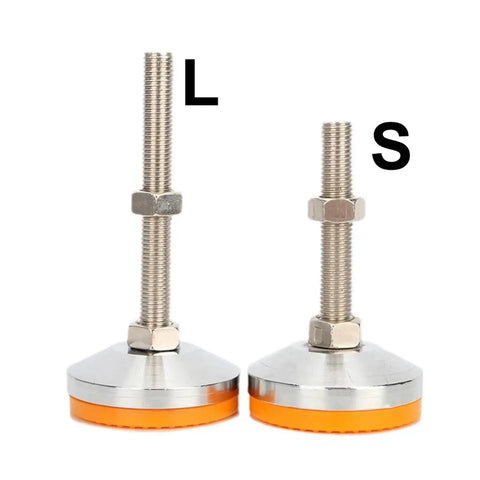 4 pcs M16 adjustable furniture leveling feet heavy duty stainless steel leg supports for tables chairs and cabinets with precise threaded height tuning and rock solid stability on uneven floors, shown in size comparison with labels L and S.