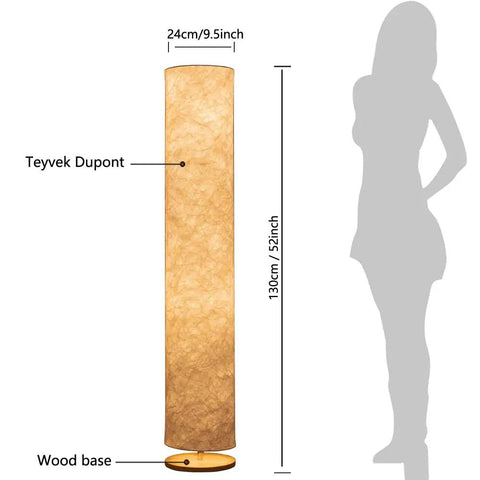 52 Inch Soft Light Floor Lamp With Slim Modern Design Cozy Warm 3000K LED Glow Tyvek Fabric Shade Two Bulbs Included Standing Floor Lamp for Living Room Bedroom Game Room No Fuss Setup Low Heat Energy Efficient with measurements against silhouette.