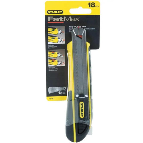 FatMax Snap-Off Knife 18mm Heavy Duty Utility Knife With Rust-Resistant Stainless Barrel, 6-Blade Cartridge packaging front view