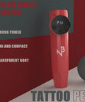 Red wireless tattoo pen from Wireless Tattoo Pen Kit For Beginners With 10 Needles And 7 Inks, showing compact design and digital display.