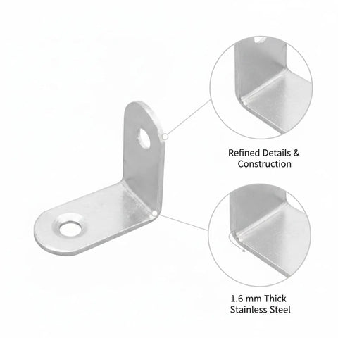 Beefy Heavy Duty 90 Degree L Bracket Stainless Steel Corner Brace, 1.6mm Thick Silver Finish, detail view of construction