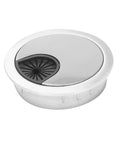 Eight Piece Desk Grommet Cable Hole Cover Kit For Clean Cord Management On Home Office And Computer Desks 53mm Zinc Alloy Durable Frame Smooth Finish Lets Cables Pass Through Easily And Keeps Your Workspace Neat And Slick. silver 53mm zinc alloy desk cable grommet, top view