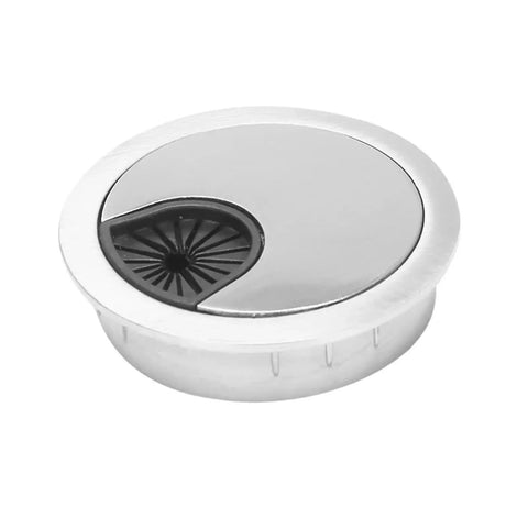 Eight Piece Desk Grommet Cable Hole Cover Kit For Clean Cord Management On Home Office And Computer Desks 53mm Zinc Alloy Durable Frame Smooth Finish Lets Cables Pass Through Easily And Keeps Your Workspace Neat And Slick. silver 53mm zinc alloy desk cable grommet, top view
