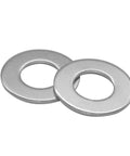 Two Beduan stainless steel flat washers, front view, 1/4 in ID x 1/2 in OD, 304, plain finish