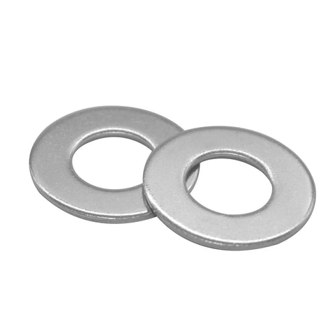 Two Beduan stainless steel flat washers, front view, 1/4 in ID x 1/2 in OD, 304, plain finish