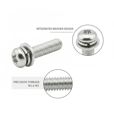 Top Tier 304 Stainless Steel Pan Head Combo Screws With Integrated Washers, M1.6 To M2 Micro Assortment showing screws and washers.