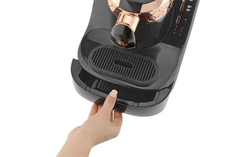 Automatic Turkish Coffee Maker With Self Clean One Touch Brew And Easy Pour Altitude Auto Detect Technology in use, black and silver.