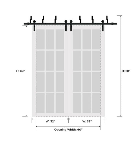 Diagram of Frosted Glass Sliding Barn Closet Doors With Hardware Dope Modern Wood Look Heavy Duty 6.6 Feet Rails Set 64 By 96 Inches Two 32 By 96 Panels Includes Hangers Floor Guides Door Stops Anti Jump Pins And Screws