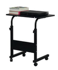 Rock Solid Adjustable Height Rolling Computer Desk With Smooth As Butter Locking Casters Portable Standing Laptop Table For Tight Quarters And Remote Work Setup In Glossy Black with books and laptop on top.