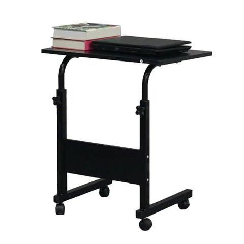 Rock Solid Adjustable Height Rolling Computer Desk With Smooth As Butter Locking Casters Portable Standing Laptop Table For Tight Quarters And Remote Work Setup In Glossy Black with books and laptop on top.