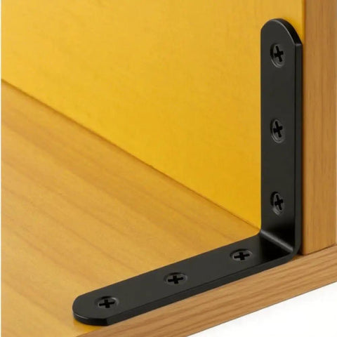 Tough As Nails Matte Black Stainless Steel L Brackets 3 By 3 Inch heavy duty corner brace securing yellow wood surface.