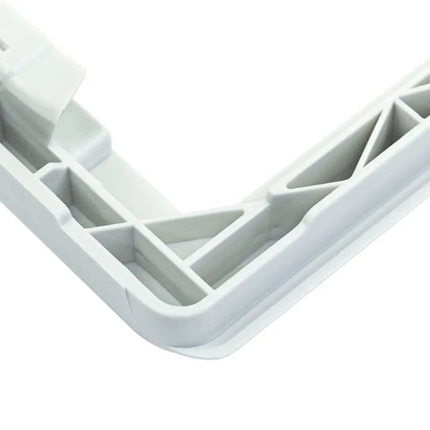 Close-up of Refrigerator Crisper Pan Cover Frame Without Glass Replacement Shelf Frame corner detail.