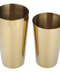 Gold 304 Stainless Steel Cocktail Shaker Set with polished finish, featuring two sizes for mixing cocktails and iced coffee.