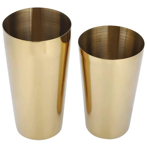 Gold 304 Stainless Steel Cocktail Shaker Set with polished finish, featuring two sizes for mixing cocktails and iced coffee.