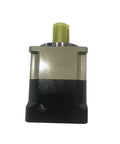 Tight Fit Helical Gear Planetary Reducer Gearbox With Hella Precise Three Arcmin Backlash And Smooth Five To One Ratio Drop In Ready For Sixty Millimeter Four Hundred Watt A C Servo Motors Featuring A Dead Center Fourteen Millimeter Input Shaft, compact design with yellow input shaft.