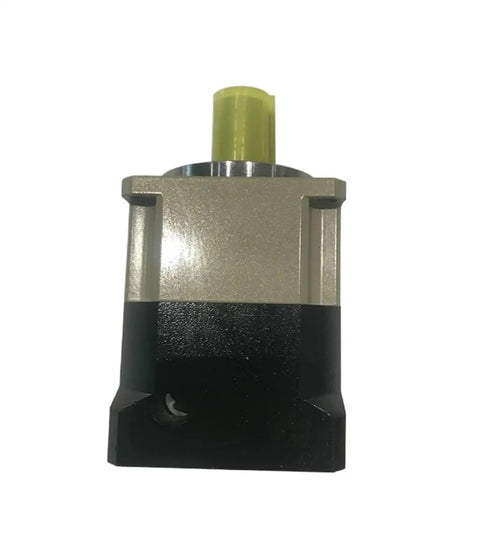 Tight Fit Helical Gear Planetary Reducer Gearbox With Hella Precise Three Arcmin Backlash And Smooth Five To One Ratio Drop In Ready For Sixty Millimeter Four Hundred Watt A C Servo Motors Featuring A Dead Center Fourteen Millimeter Input Shaft, compact design with yellow input shaft.