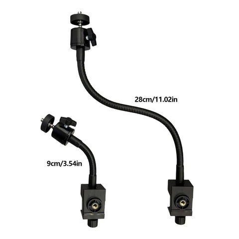 Flex Gooseneck C Clamp With 1/4-20 Threads, 360 Degree Rotation, showing two adjustable arm lengths of 9cm and 28cm