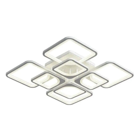 Modern LED Flush Mount Ceiling Light With Remote Control 8 Head Square Fixture in White Acrylic and Metal Close to Ceiling Design