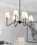 Awesome 39 Inch Matte Black Six Light Kitchen Island Chandelier With Fabric Shade That Brings Soft Warm Glow And Modern Style