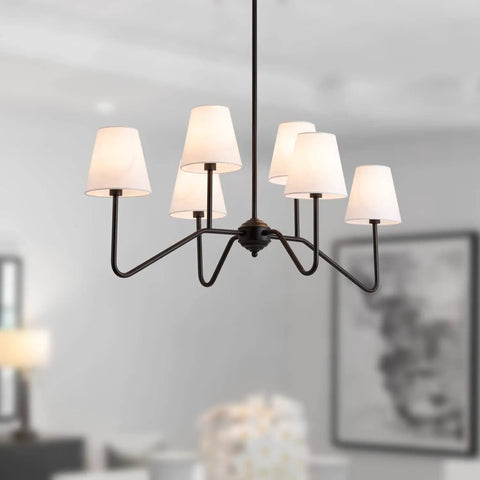 Awesome 39 Inch Matte Black Six Light Kitchen Island Chandelier With Fabric Shade That Brings Soft Warm Glow And Modern Style