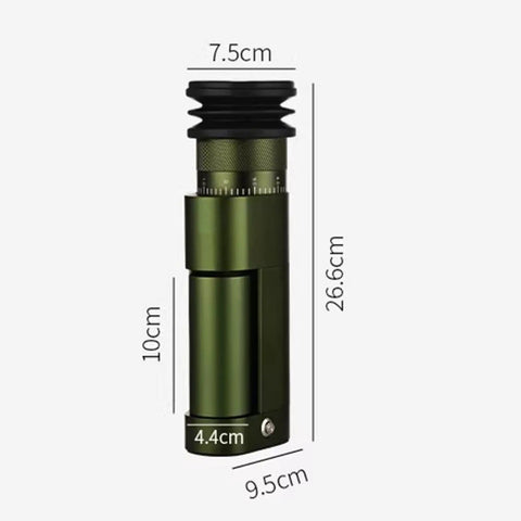 Premium Electric Coffee Grinder Featuring Game Changing Stepless Conical Burr Mill For Espresso And Pour Over Brewing Crafted With Reliable Stainless Steel Burrs And A Secure Magnetic Lid For Smooth Daily Grind Sessions, shown in green with dimensions.