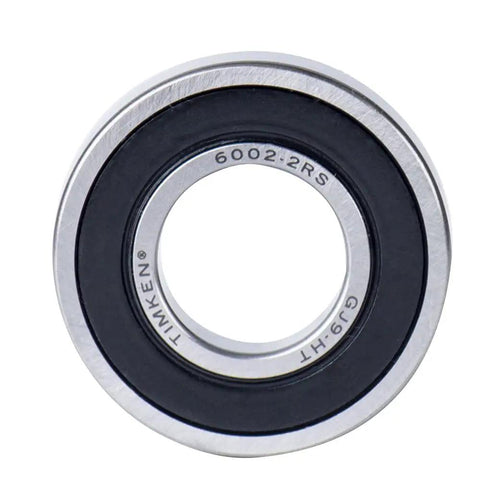 Close-up of 6002-2RS deep groove ball bearing, 15x32x9mm, with black double rubber seals for smooth spin and stable performance.