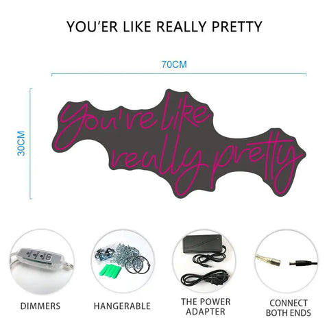 You're Really Pretty LED neon sign in pink, 25.6 x 11.81 inches, dimmers, hangable, power adapter, connectors shown.
