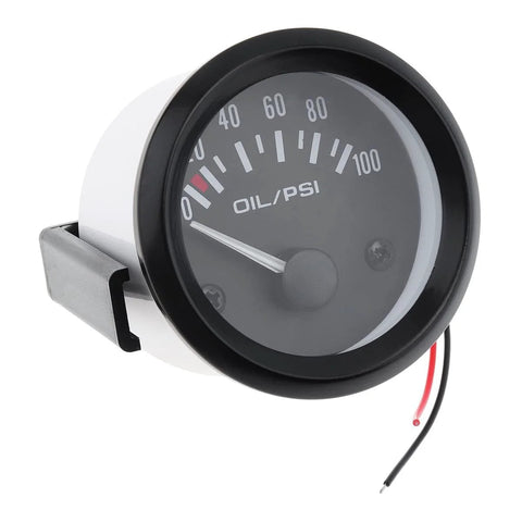 Front view of DriSentri 2-inch oil pressure gauge kit with black bezel, gray dial, 0–100 PSI, red/black wiring.