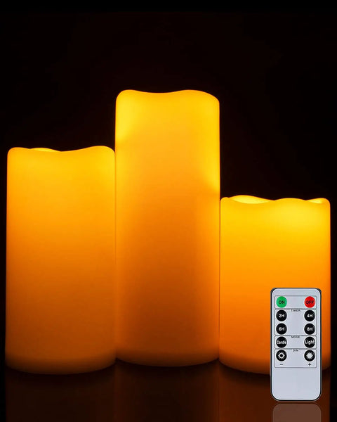 Outdoor Waterproof Flameless LED Pillar Candles Set 6 8 10 Inch with Remote and Timer, glowing in dark, Ivory White