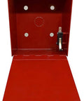 Open bright red fire department box with 14-gauge steel construction showing interior mechanism.