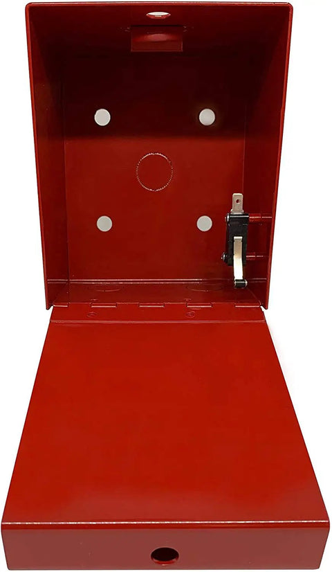 Open bright red fire department box with 14-gauge steel construction showing interior mechanism.