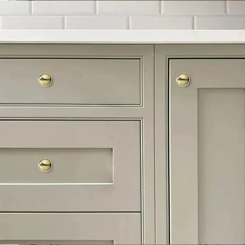 10 Pack Round Polished Brass Cabinet Knobs Smooth Zinc Drawer Handles For Kitchen Cupboard Furniture Hardware Top Shelf Slick Design With Included Mounting Screws For Fresh DIY Home Upgrade on grey kitchen cabinets.