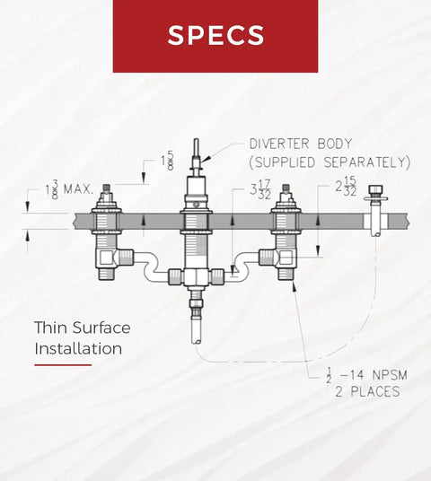 Diagram showing High Flow Roman Tub Rough In Valve No Frills For Four Hole Installations, Half Inch Sweat Inlets And Outlets.