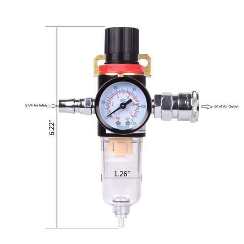 Front view of 1/4 BSP Air Regulator with Moisture Filter, Oil Water Separator, and Lubricator for Air Compressors, showing dimensions.