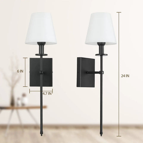 Two Pack Slim Wall Sconces With White Fabric Shades Plug In Or Hardwired Indoor Wall Lights Matte Black Bedside Lanterns On Metal