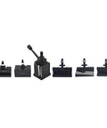 Six Piece Quick Change Tool Post Set For Lathe With Wedge And Piston Type Holders Includes 250 222 250 201 250 202 250 204 250 207 250 210 For Easy Turning And Facing Tasks With Fast Locking And Smooth Sliding, showing different holders arranged in a row