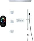 Fresh Concealed Led Rgb Shower System With Glossy Chrome Finish Eighty By Sixty Centimeter Rainhead components including remote, jets, and sprayer.
