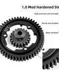 Close-up of the 50T Spur Gear 1.0 Mod Hardened Steel With 20T Pinion Gear Upgrade Kit for Traxxas 1/5 X-Maxx RC showing gear details.